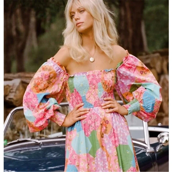 SPELL & THE GYPSY COLLECTIVE FREDA SHIRRED MIDI DRESS IN LOLLY - Picture 7 of 16